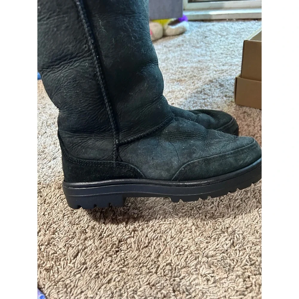 UGG Black Suede Tall Sheepskin Boots Embroidered Western‎ Boho Apres Women 8